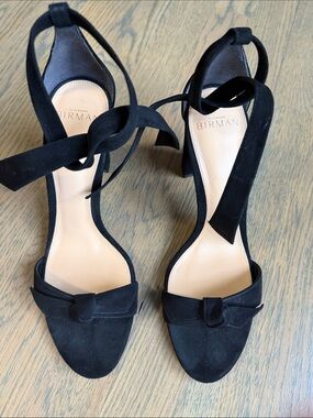 Alexandre Birman Black Suede Tie-Ankle Heels with Bow